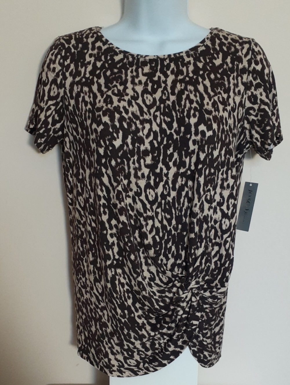 Women’s Short Sleeve Twist-Hem Animal Print Top - Brown & Beige Sz Small